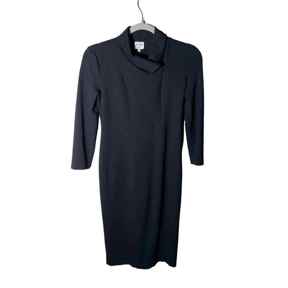 Armani Collezioni Women's Size 4 Black Long Sleeve Midi Collard Cocktail Dress